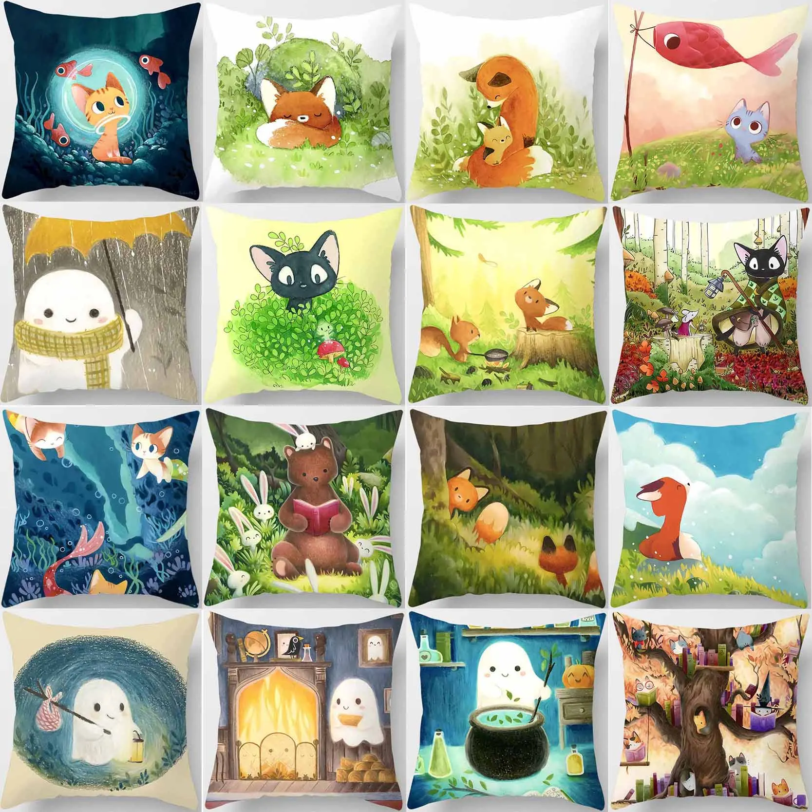 

Cute Cat and Fox Printing Square Pillowcase, Used for Home Decoration, Car Sofa Cushion Cover