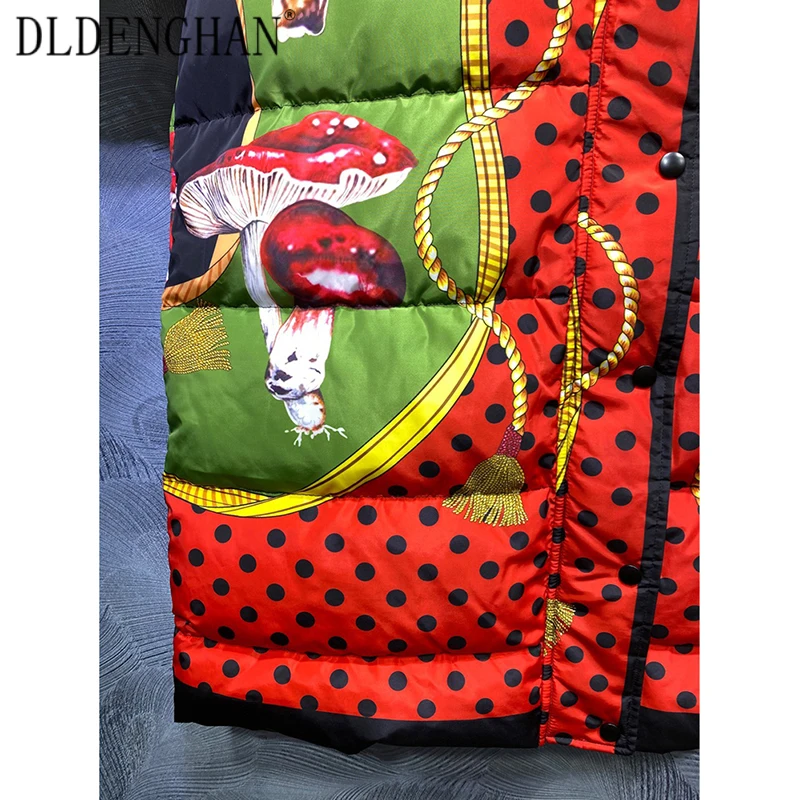 

DLDENGHAN Vintage Mushroom Print Coats Women Turtleneck Long Sleeve White Duck Down Overcoat Outwear Designer Winter New