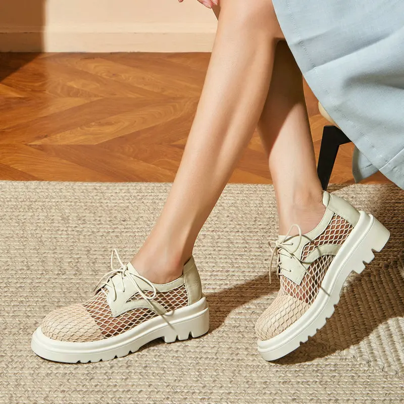 

British Platform Chunky Oxford Shoes Women 2021 Summer Mesh Genuine Leather Casual Shoes Lace Up Derby Holiday Vacation Creepers
