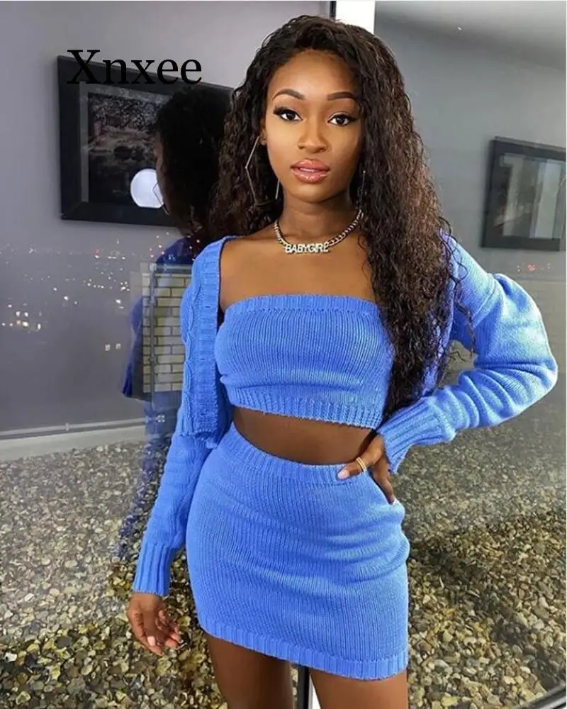 

Sexy Knit Sweater 3 Piece Set Long Sleeve Cardigan Skirt Matching Sets Cute Fall Winter Women Outfits slash neck mini skirt
