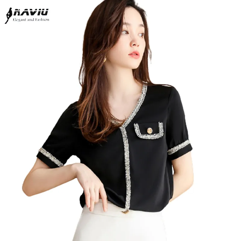 

Chiffon Black Shirt Women New Summer V Neck Design Fashion Short Sleeve Casual Office Ladies Formal Work Tops White