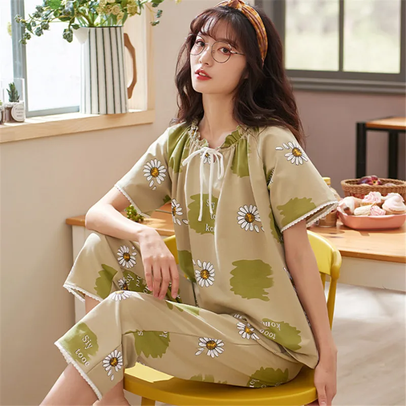 

New Summer Cotton Women's Plus Size Pajamas Sleepwear Set Home Clothes Pyjamas Nightgown Calf-Length Pant