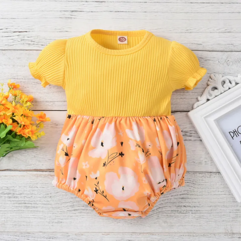 

Повседневное боди для маленьких девочек, цельное желтое боди с коротким рукавом и круглым вырезом, с цветочным принтом, лето 2021 г.