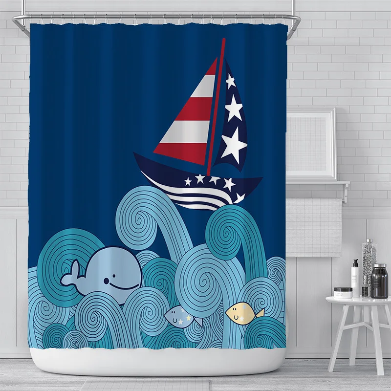 

Cartoon painted sailboat printing bathroom shower curtain polyester waterproof bathroom decorative shower curtain with hook