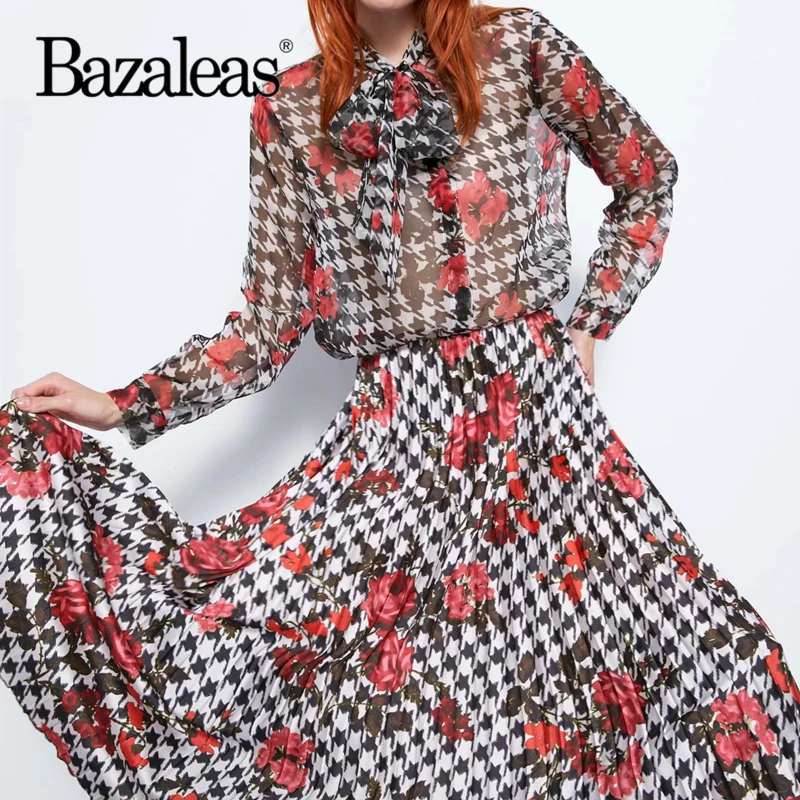 Прямая поставка винтажная блузка и юбка миди Женский комплект 2 шт. цветочный