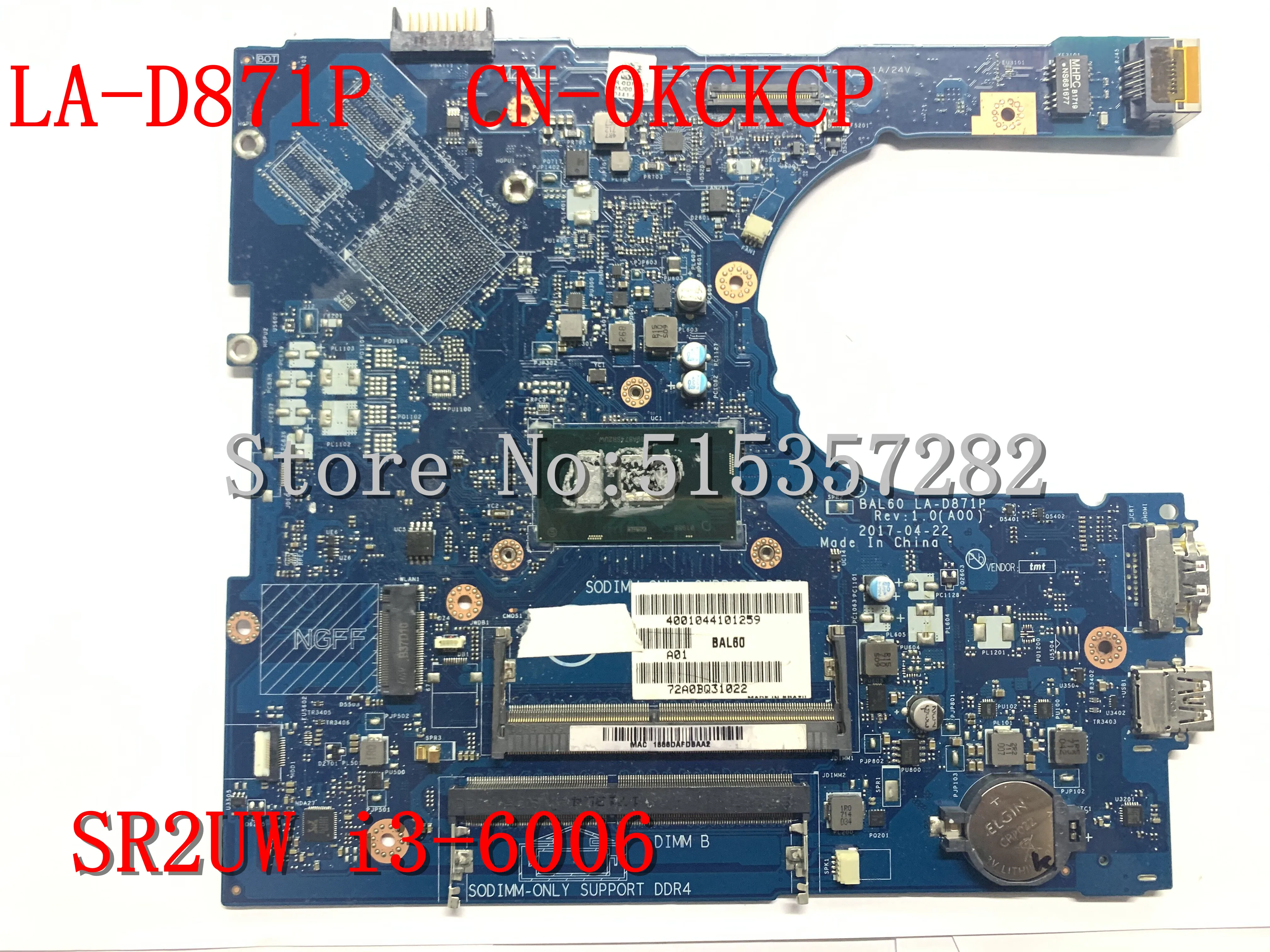 Для Dell inspiron 5566 5468 Материнская плата ноутбука 0KCKCP 0DPC8T CN LA D871P I3 6006U SR2UW|Материнские