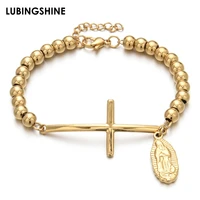 vintage stainless steel jesus cross link chains bracelet gold silver color strand beads bracelet for women men religious jewelry