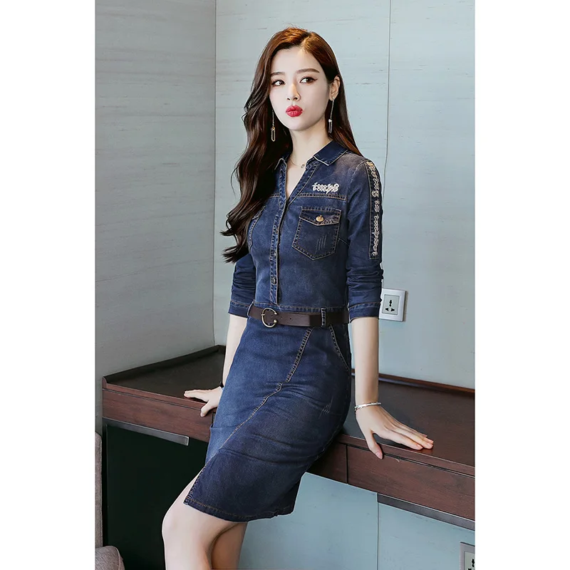 

Autumn Jeans Dress With Sashes Streetwear Long Sleeves Denim Pencil Dresses Vintage Casual Package Hips Dress Femme Vestidos 214