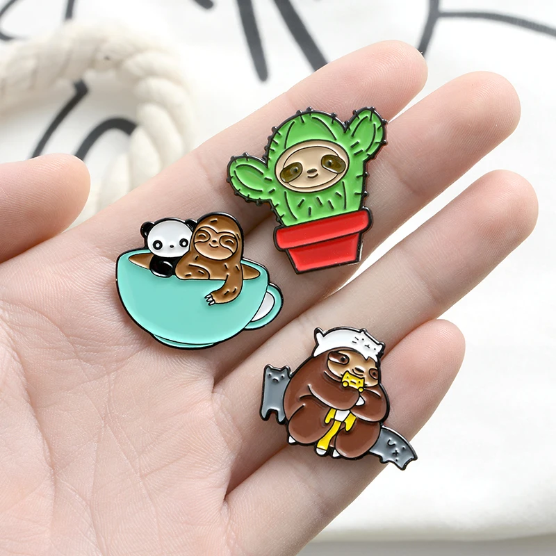 QIHE JEWELRY 4 Styles Sloths Enamel Pins Cute Animals Cats Panda Rabbits Cactus Brooches Badges Lovely Gifts Wholesale | Украшения и