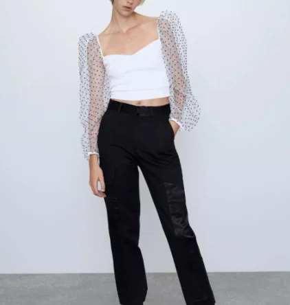 Белая блузка рубашка Женский Топ сморщенный шифон в горошек с пышными рукавами