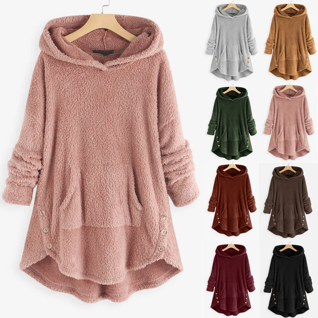 

2020 Autumn and Winter Warm Hoodie Women's Hooded Plush Fleece Asymmetric Button Hem Sweatshirt