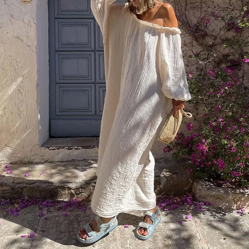 

Lady Solid Loose Holiday Streetwear Dress Casual Slash Neck Lantern Sleeve Off Shoulder Dress Autumn Elegant Women White Dress