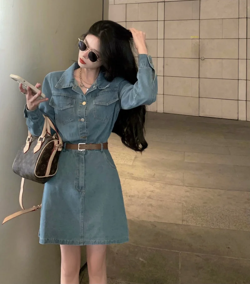 

Цельнокроеное джинсовое платье с длинным рукавом, женское Новое Осеннее темпераментное приталенное платье А-силуэта для маленьких мужчин