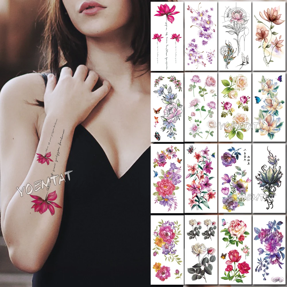 

1 piece Dark pink simple line text Fake temporary tattoo stickers rose flowers arm shoulder tatoo waterproof women flash tatto