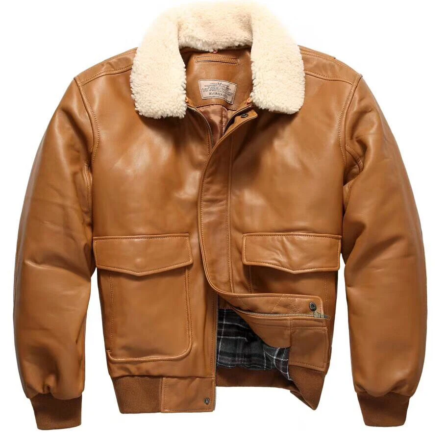 

air Avirex fly force flight fur collar genuine leather men black sheepskin coat winter bomber jacket male