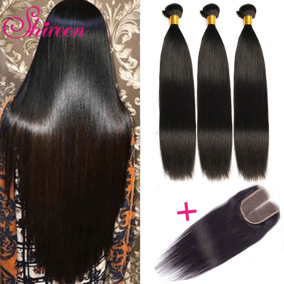 Индийские прямые пучки волос 3 пряди с застежкой человеческих 4x4 дюйма кружевная