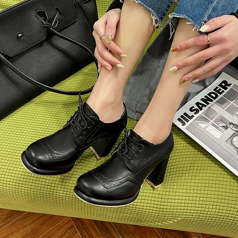 

QUTAA 2021 Square High Heels Spring Autumn Round Toe Fashion Women Pumps Microfiber Lace Up Female Shoes Big Size 34-43