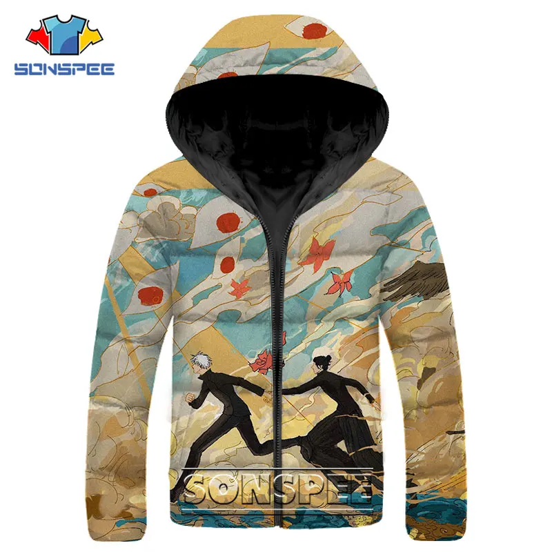 SONSPEE Anime Jujutsu Kaisen Gojo Satoru Parkas 3D Print Hip Hop Down Jacket Winter Men Women Keep Warm Streetwear Jacket Female