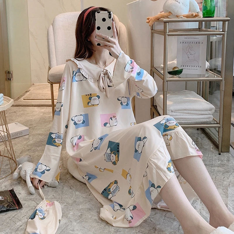 

SLPBELY Cartoon Women Nightgown Spring Summer Nightdress Kawaii Long Sleeved Female Loose Daily Cute Sleepwear Homewear