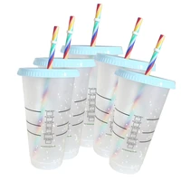 710ml24oz rainbow straw confetti color changing cup cold drink color changing plastic flat bottom cup light blue lid 15pcs