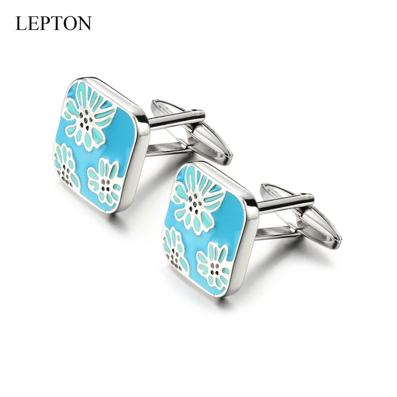 

Free shipping Flower design CuffLinks for mens Lepton Brand Square blue enamel Cuff links Man shirt cuffs cufflink