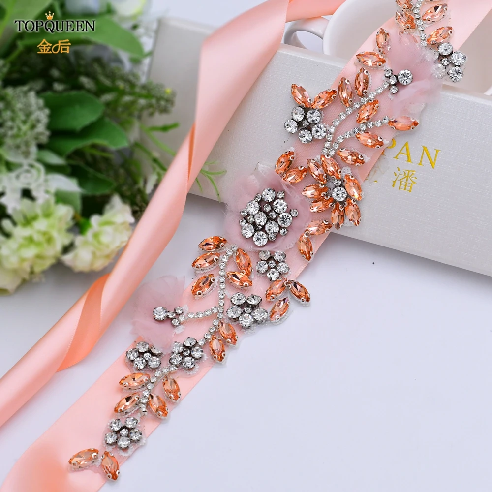 

TOPQUEEN S419-R Pink Dress Sash Blush Pink Belts Bridal Sash for Wedding Gown Women Floral Rhinestone Belt Maternity Sashes