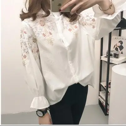 Korean Woman Blouse 2019 Long Lantern Sleeve Stand Collar Shirt Floral Embroidery Tops Kimono Causal Kawaii Blusas AF140 | Женская