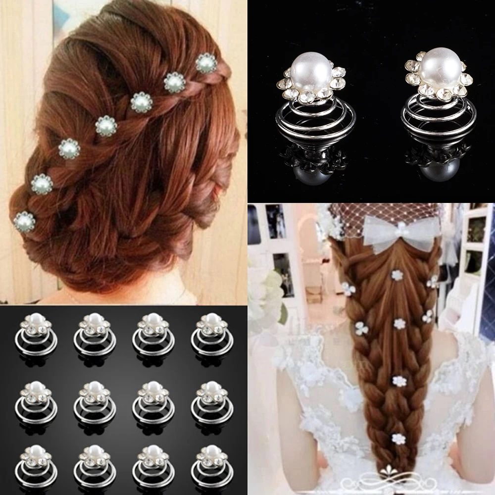 12pcs/lot Wedding Bridal Hairpins Rhinestone Pearl Flower Spiral Hair Pins Twist Clips for Women Bride Accessories |