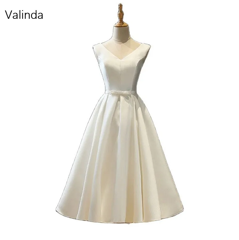

V Neck Tea Length White Homecoming Dresses Semi Formal Occasion Evening Gowns