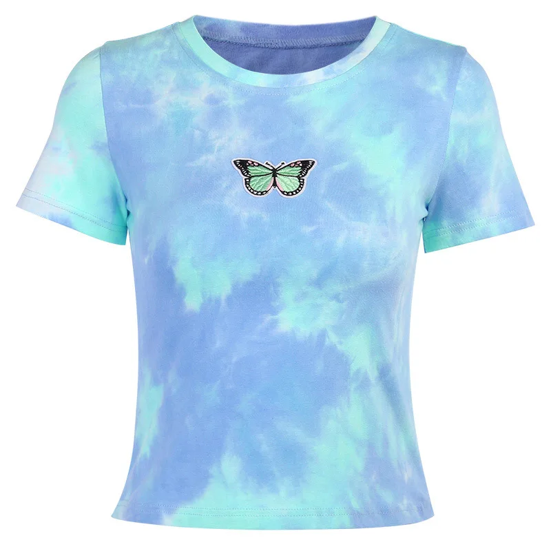 

Summer New Tie-dye Printed O Neck Short Sleeve T-shirt Ladies Tops Womens Slim Casual Tee Shirts Butterfly Print T Shirt