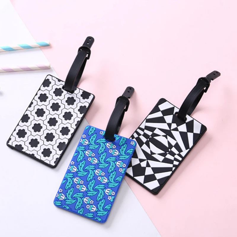 

S.IKRR 2020 New Fashion Bag Accessories Women Silicone Luggage Tag Personalized PU Geometry Cute Travel Accessories High Quality