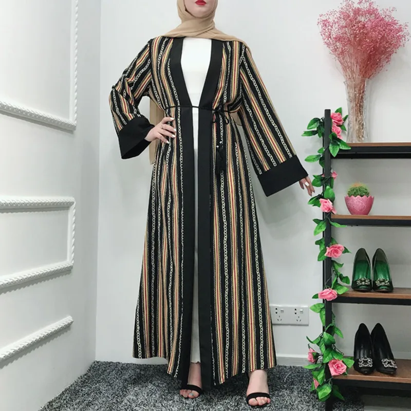 

Muslim Print Abaya Striped Chains Maxi Dress Cardigan Kimono Long Robe Gowns Tunic Middle East Ramadan Eid Arab Islamic