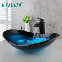 kemaidi tempered glass hand painted waterfall spout basin black tap bathroom sink washbasin bath brass set faucet mixer taps