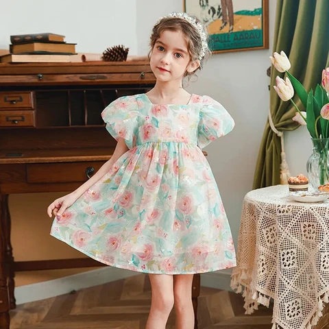 Платье для маленьких девочек во французском стиле, Летние шифоновые платья с пышными рукавами и цветочным принтом для девочек, вечерние свадебные платья принцессы, детская одежда 2021