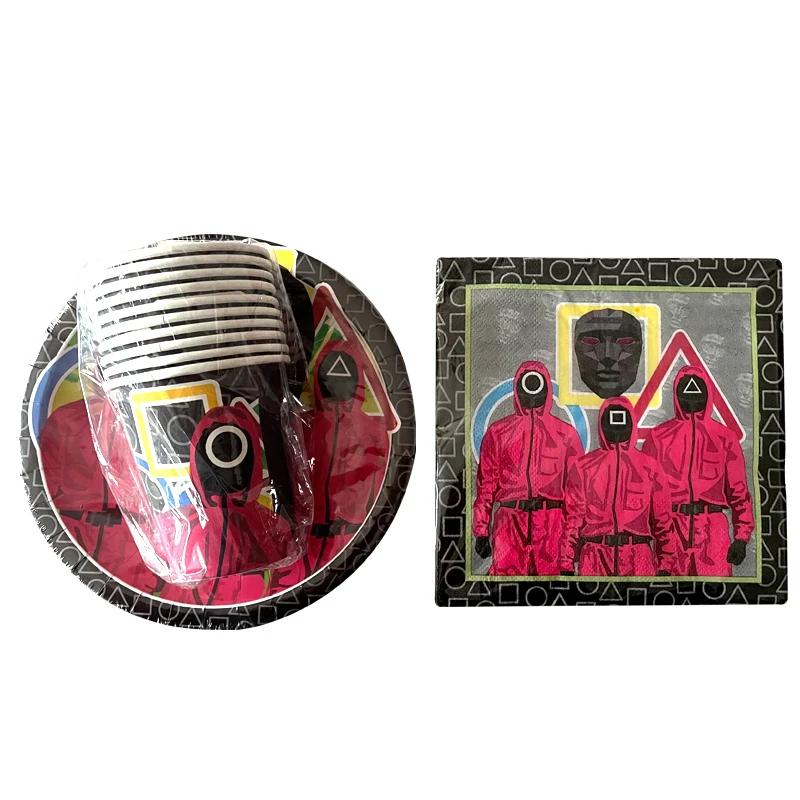 

Game Party Spiral Flag Paper Cup Plate Tableware Decoration Boy's Birthday Festival Squid Party Disposable Supplies