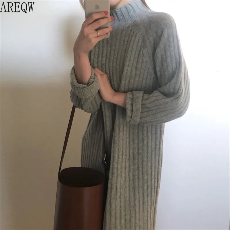 Женский зимний длинный свитер платья пуловер водолазка вязанный Vestidos свободный
