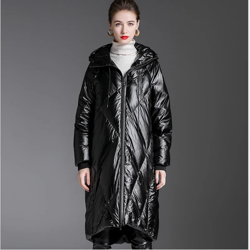 

2020 hooded loose down jacket women Mid-length jackets over-the-knee winter coat cocoon white duck down coats overcoat outwears
