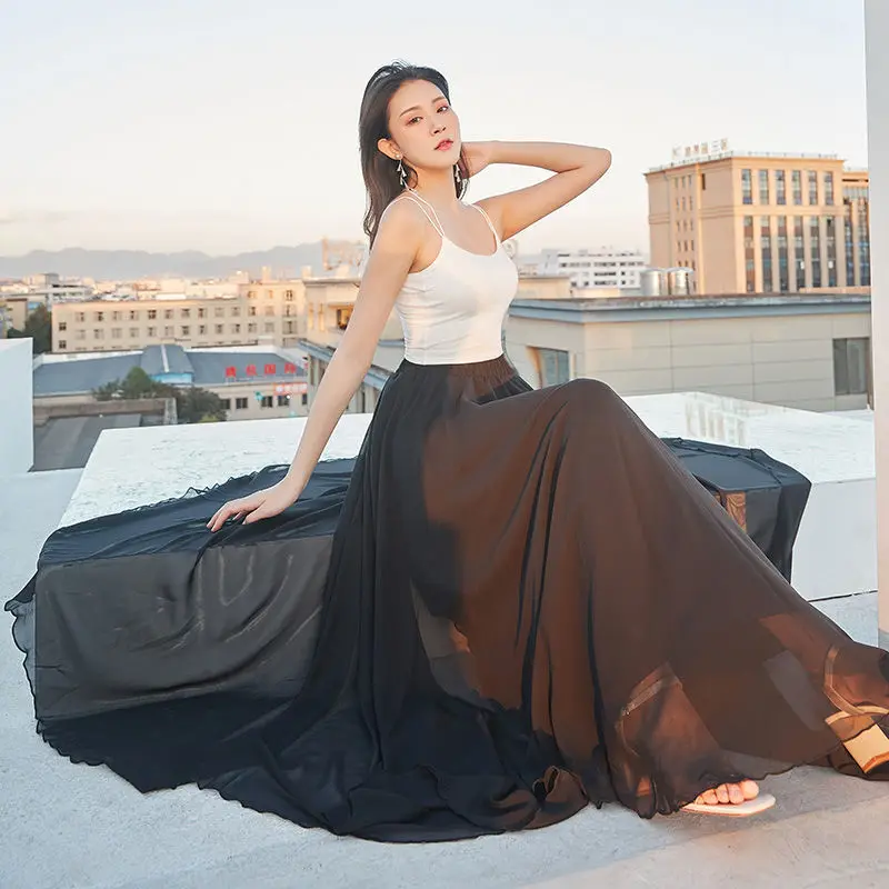

Super large three-layer chiffon skirt women's spring and summer A-line skirt new long skirt slim beach fairy skirt dancing skirt