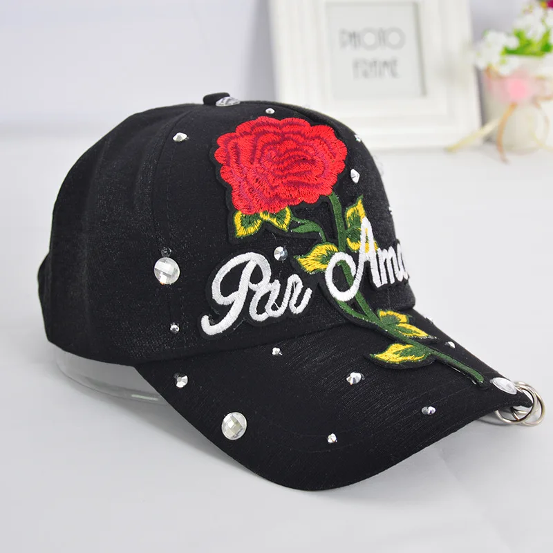 Glitter Ponytail Baseball Cap Women Hat Summer Hat Female Adjustable Hip Hop Hats 3D Rose Flowers Embroidery Sequins Decor