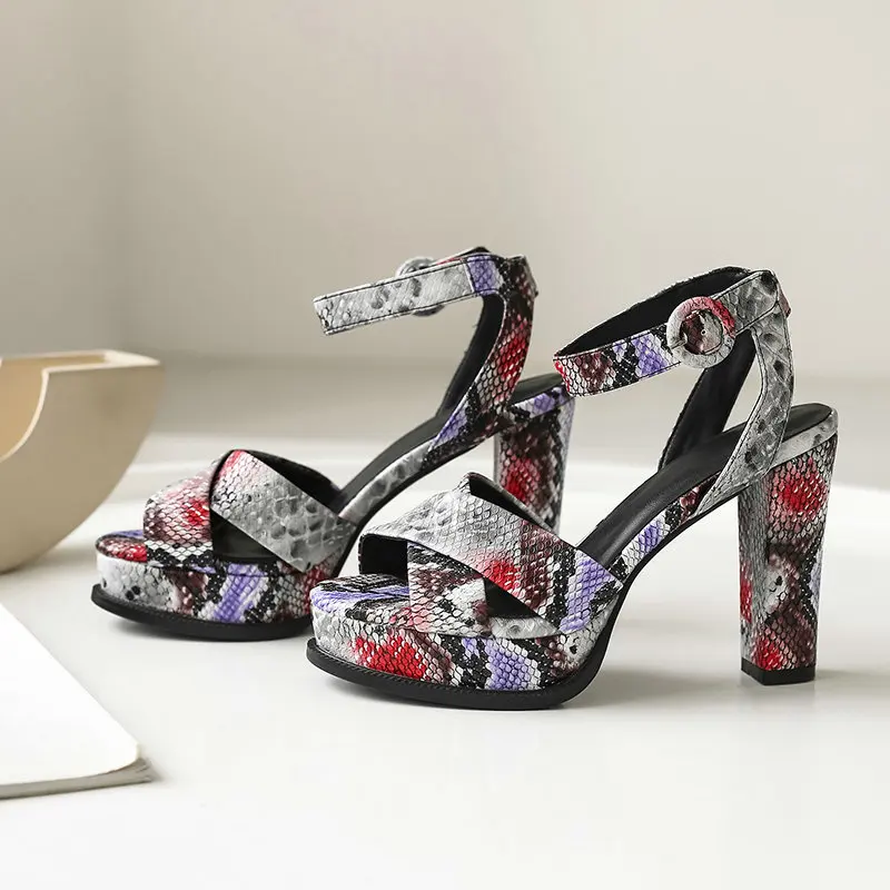 

Snake Print High Heels Gladiator Sandals Woman Summer Shoes Black Red Block High Heels Sandalias Mujer