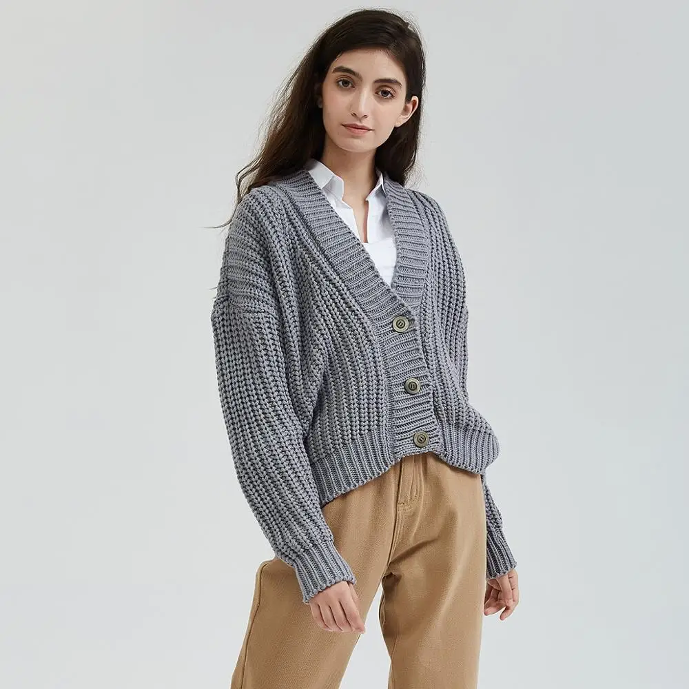 Wixra Knitted Chunky Cardigan Sweater Women Simple Solid Thick Button Clothing Stylish Tops for Female Autumn Winter |