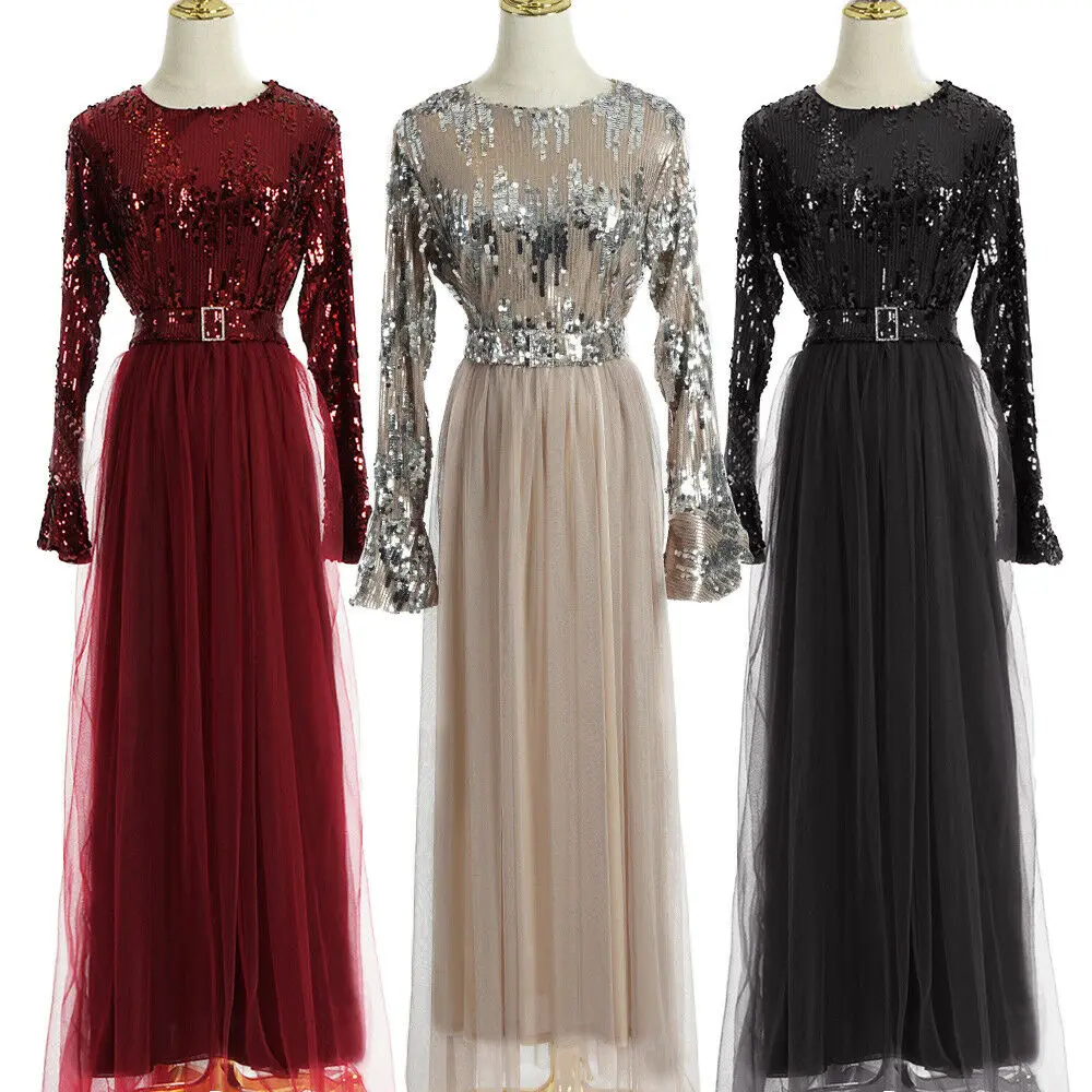 Модные Sequines для женщин мусульманская абайя Платье макси с длинным рукавом Кафтан