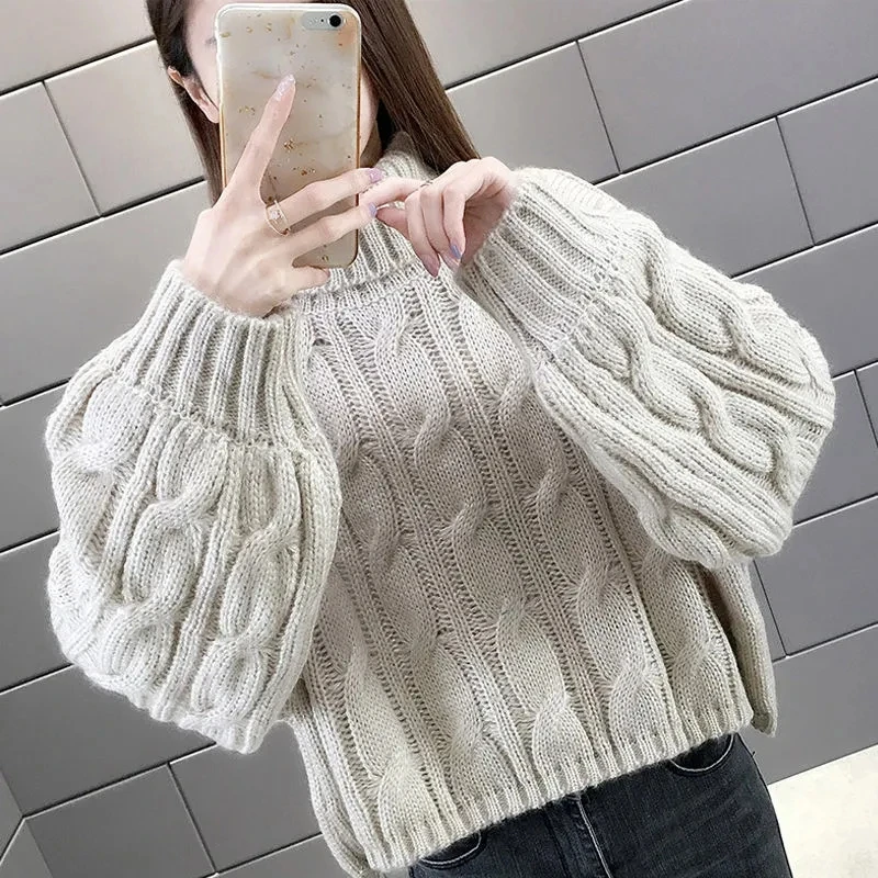 

Женский утепленный зимний свитер с высоким воротником, элегантные теплые женские вязаные свитера оверсайз, пуловеры, женский джемпер, трик...
