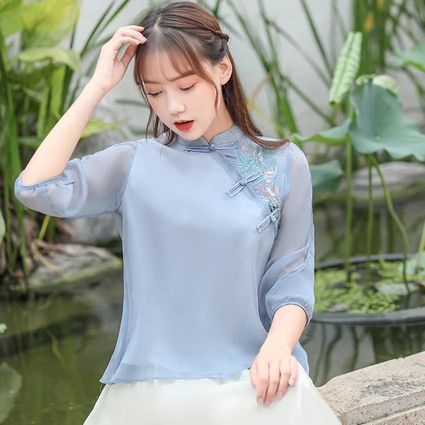 2021 женский кружевной шифоновый топ с вышивкой Винтажная летняя блузка Hanfu