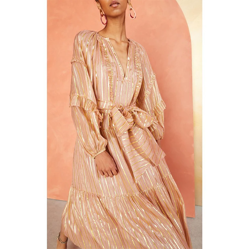 UJ высококачественное Роскошное винтажное шелковое Золотое Платье с v-образным