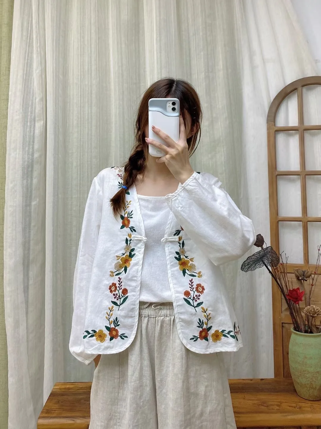 

Женская рубашка с жаккардовой вышивкой, элегантная рубашка из хлопка и льна в китайском стиле ретро, осень 2021