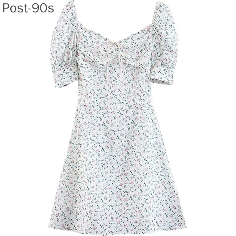 

Women's dress summer traf new floral waist tie puff sleeve shein Dress printing and dyeing square collar is thin y2k woman dress