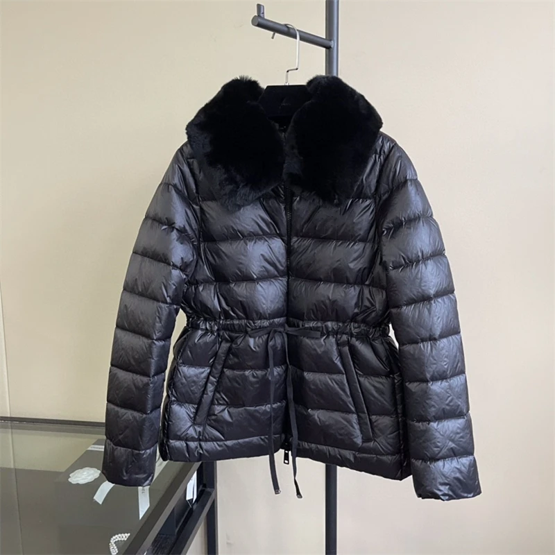 

Women Fashion Winter Warm Down Jackets Rex Rabbit Hair Collar Waist Fitted Light 90% White Duck Down Coats Casual Winter Clothes