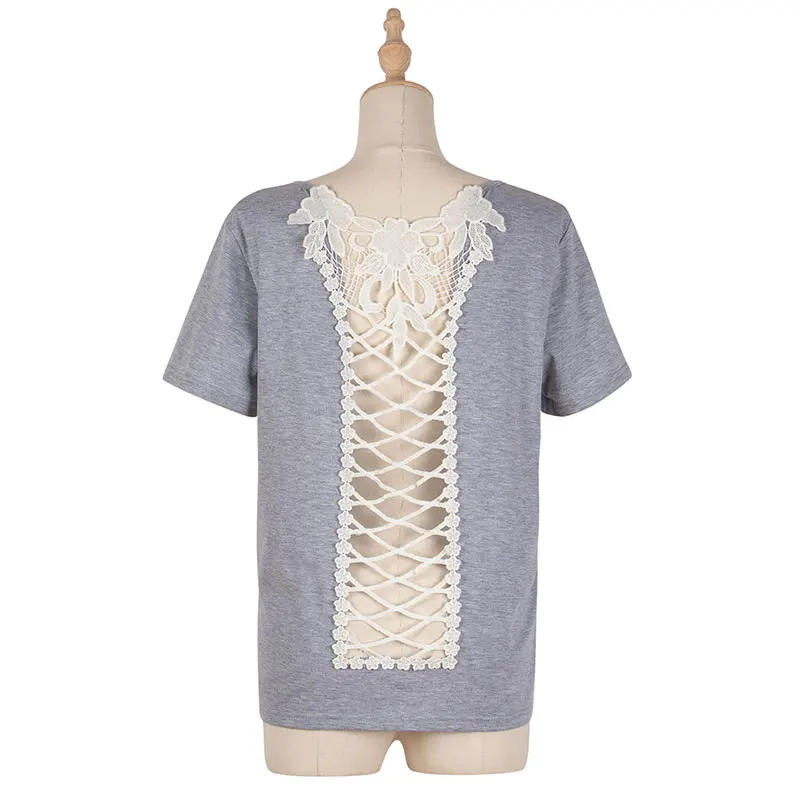 

KNOYEER Back Lace Women Tee T-shirt 2021 Casual Short Sleeve Hollow Out Rayon Vintage Summer Tees Shirts Knitted Tops Pullover