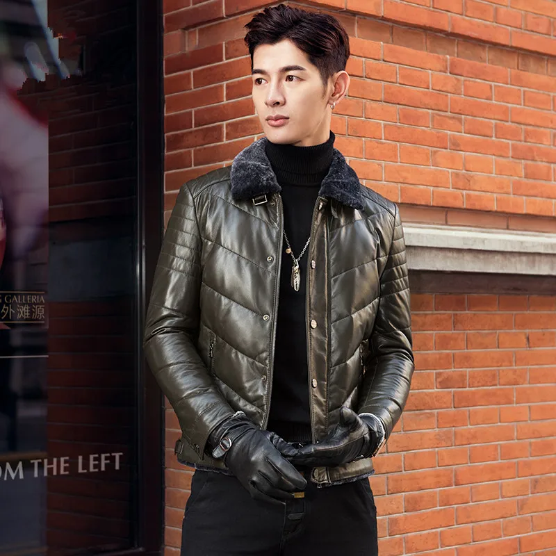 

Leather Genuine Short Men Sheepskin Coat Wool Collar Autumn Winter Down Jacket chaqueta cuero hombre H01 KJ1514